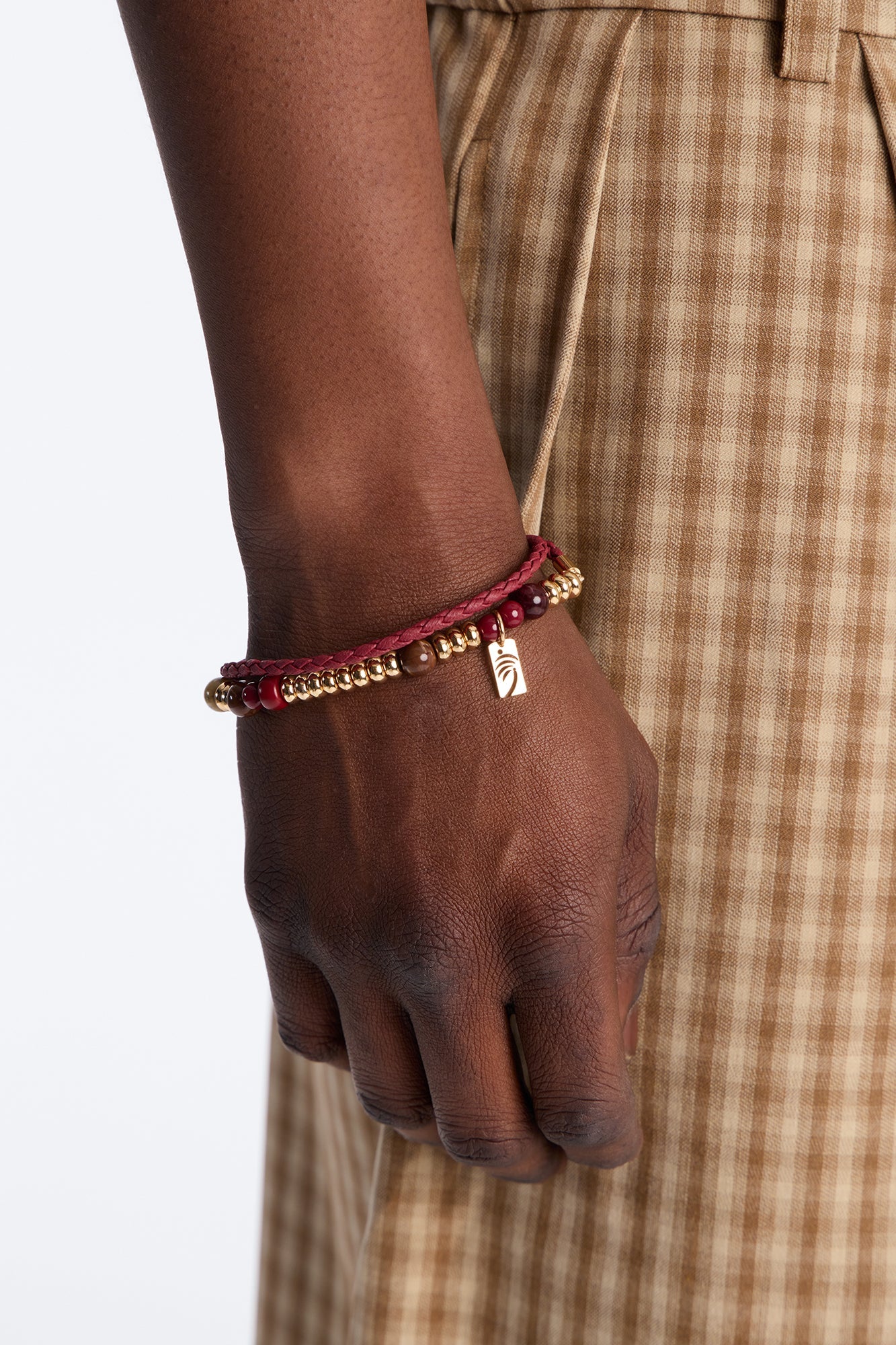 Palm Faux Leather Cording Necklace And Bracelet Set - Burgundy Fashion Nova