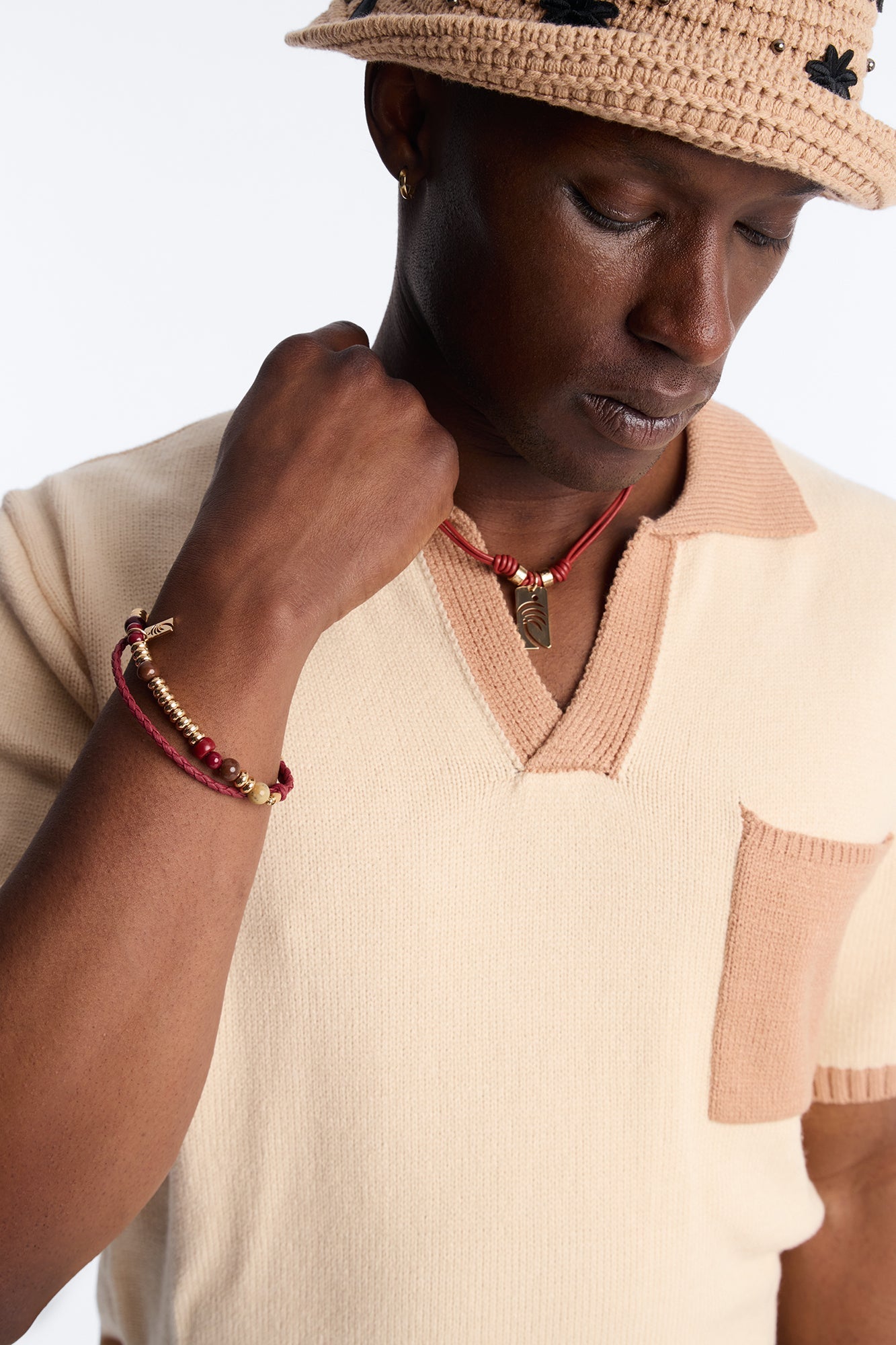 Palm Faux Leather Cording Necklace And Bracelet Set - Burgundy Fashion Nova