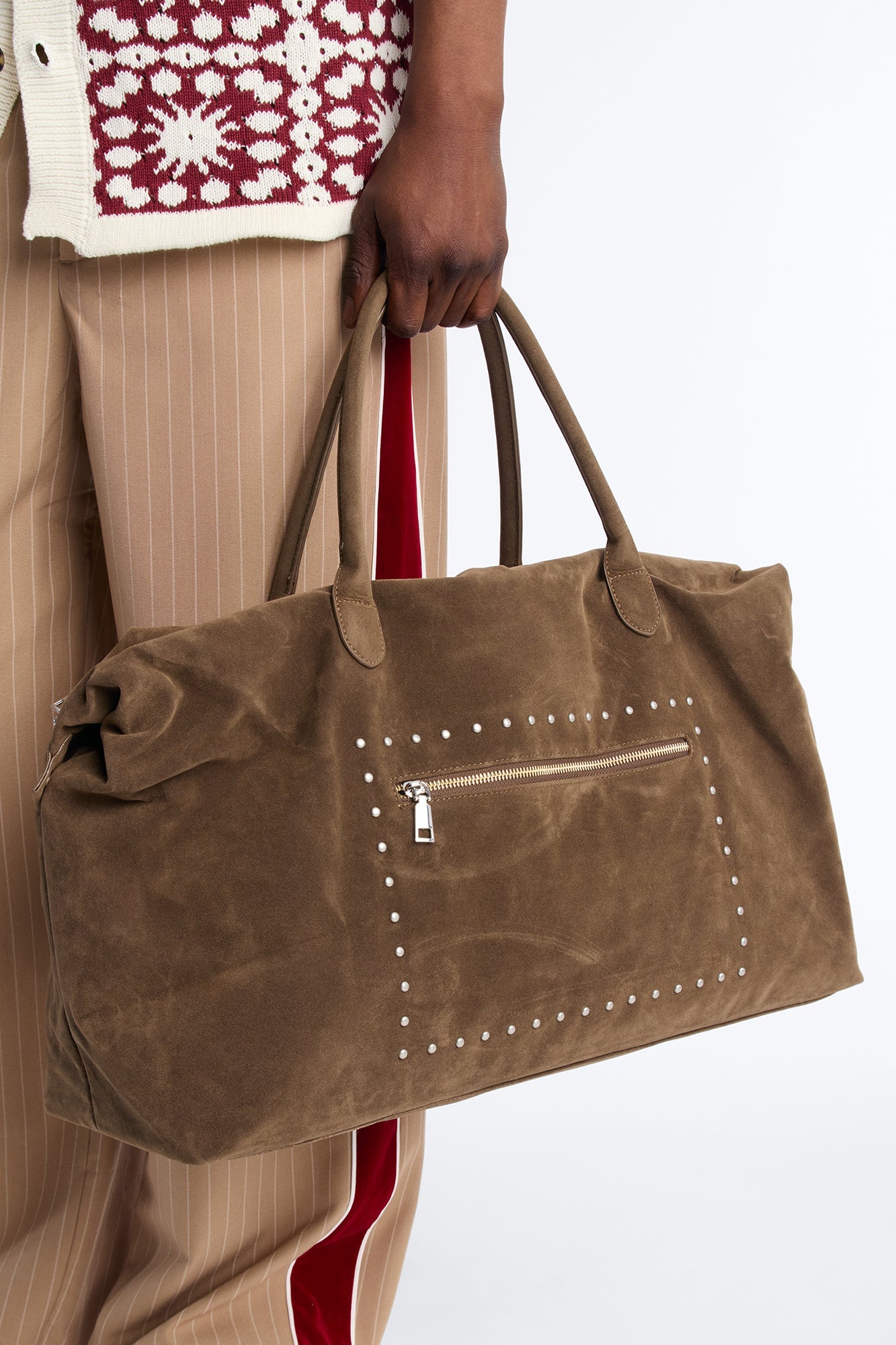 Faux Suede Studded Weekender Bag - Dark Brown Fashion Nova