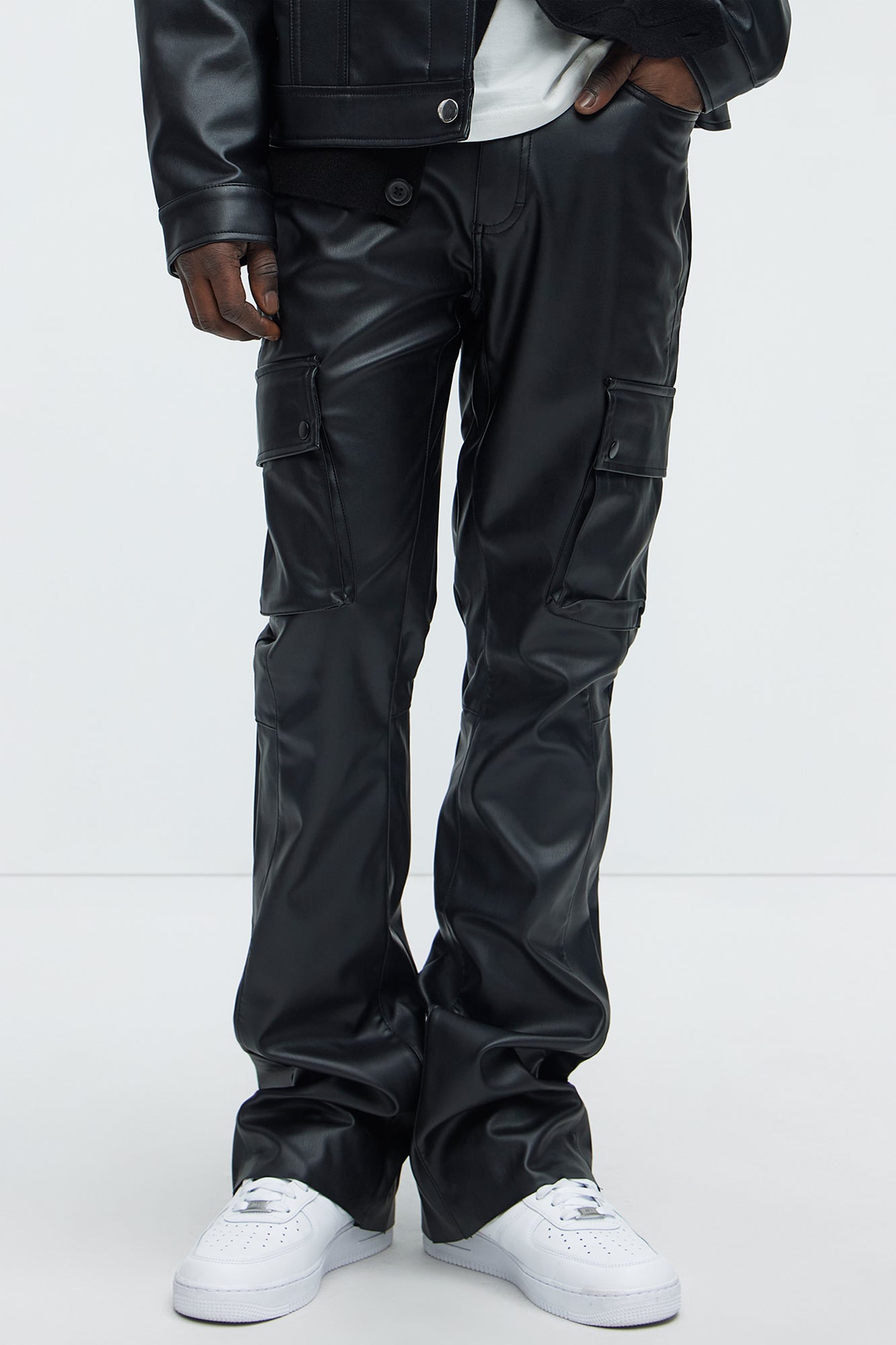 Finest Faux Leather Cargo Slim Flare Pants - Black Fashion Nova