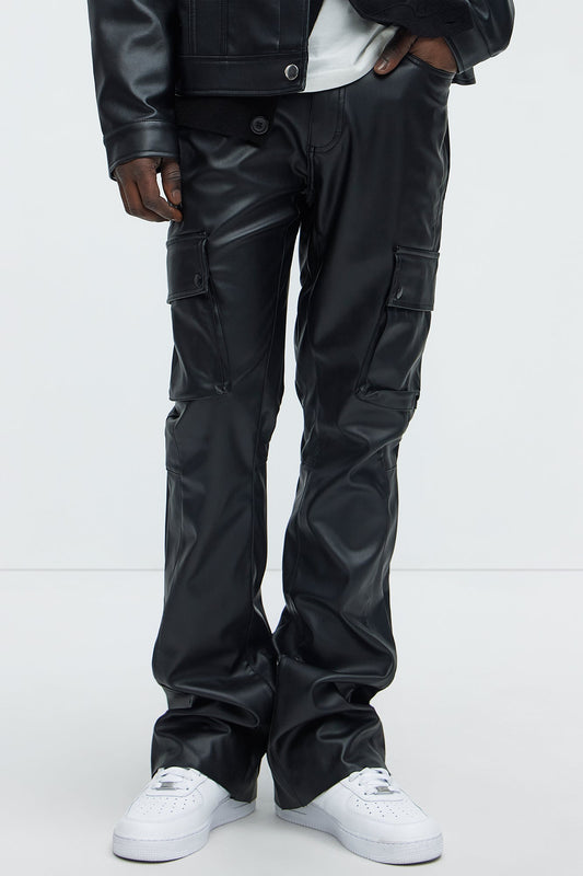 Finest Faux Leather Cargo Slim Flare Pants - Black Fashion Nova