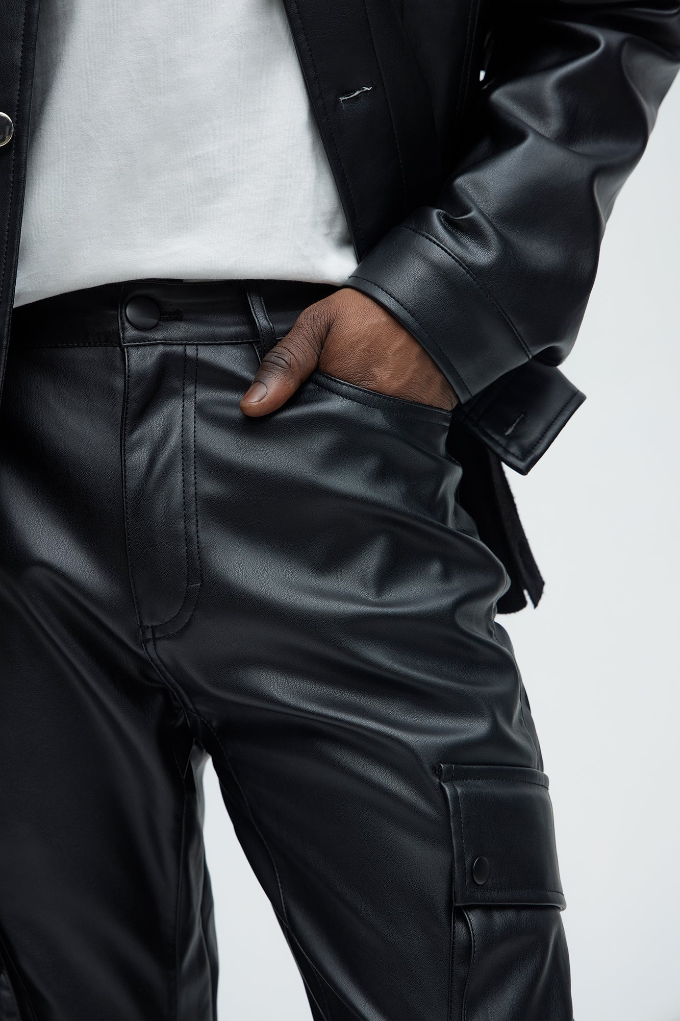 Finest Faux Leather Cargo Slim Flare Pants - Black Fashion Nova