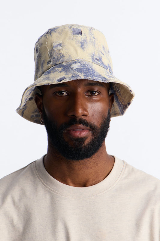 Distressed Detail Painted Denim Bucket Hat - Cream/combo Fashion Nova