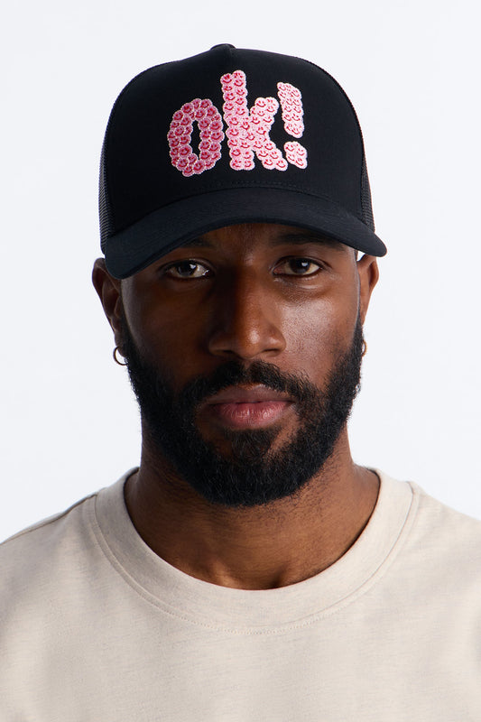 Smiling Ok Patch Snapback Trucker Hat - Black Fashion Nova