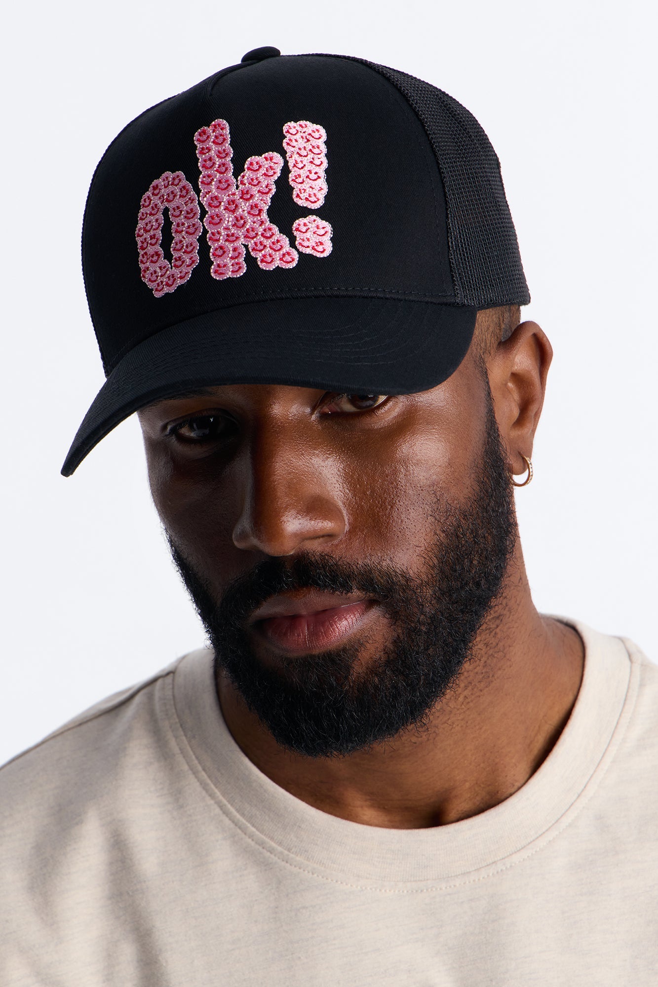 Smiling Ok Patch Snapback Trucker Hat - Black Fashion Nova