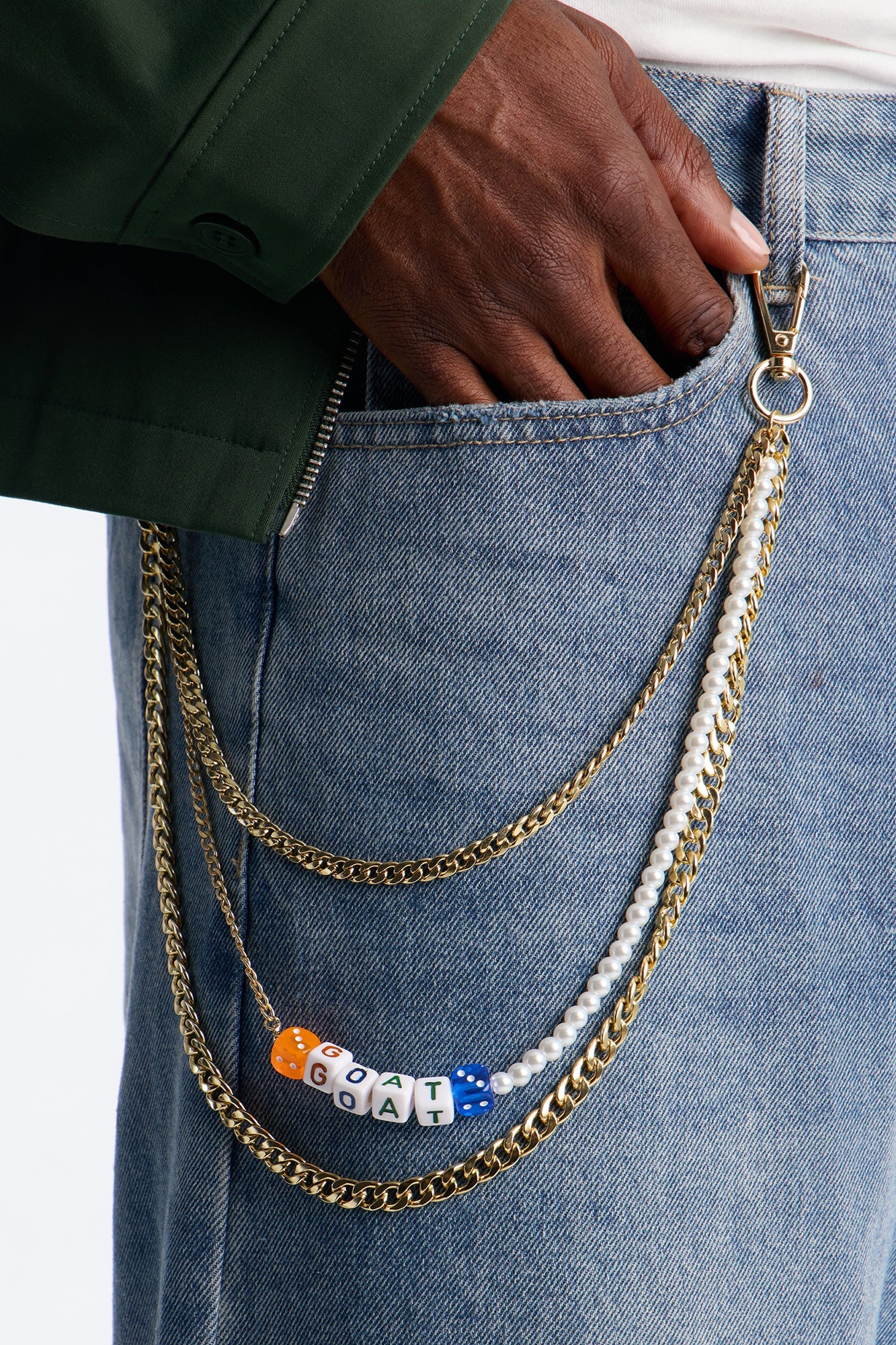 Dice and Pearl Stacked Pant Chain - Gold Fashion Nova