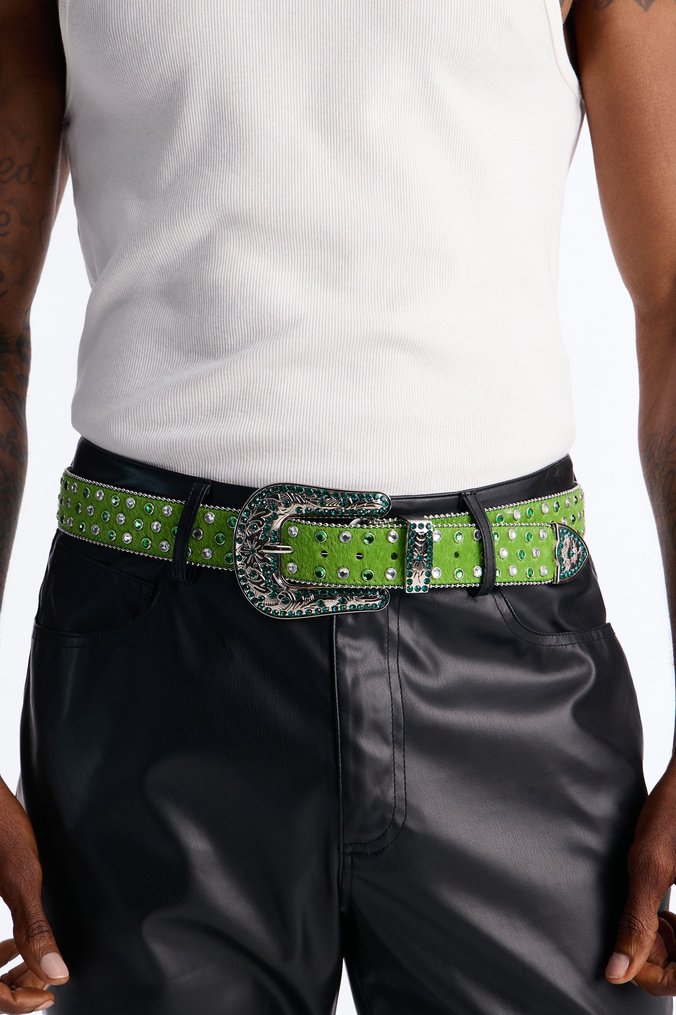 Rhinestone Embellished Faux Pony Hair Western Buckle Belt - Green Fashion Nova