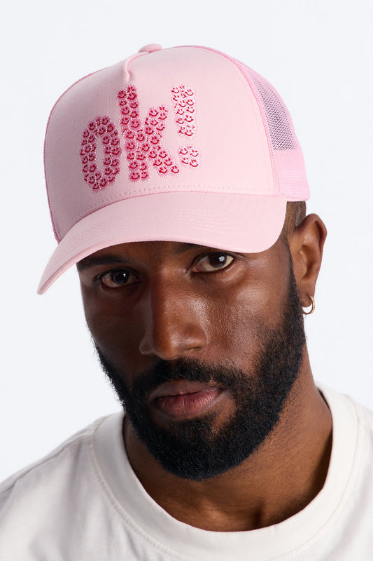 Smiling Ok Patch Snapback Trucker Hat - Light Pink Fashion Nova