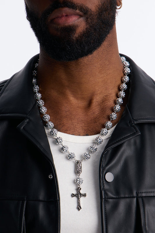 Flash Out Iced Beaded Rosary Chain Necklace - Silver Fashion Nova
