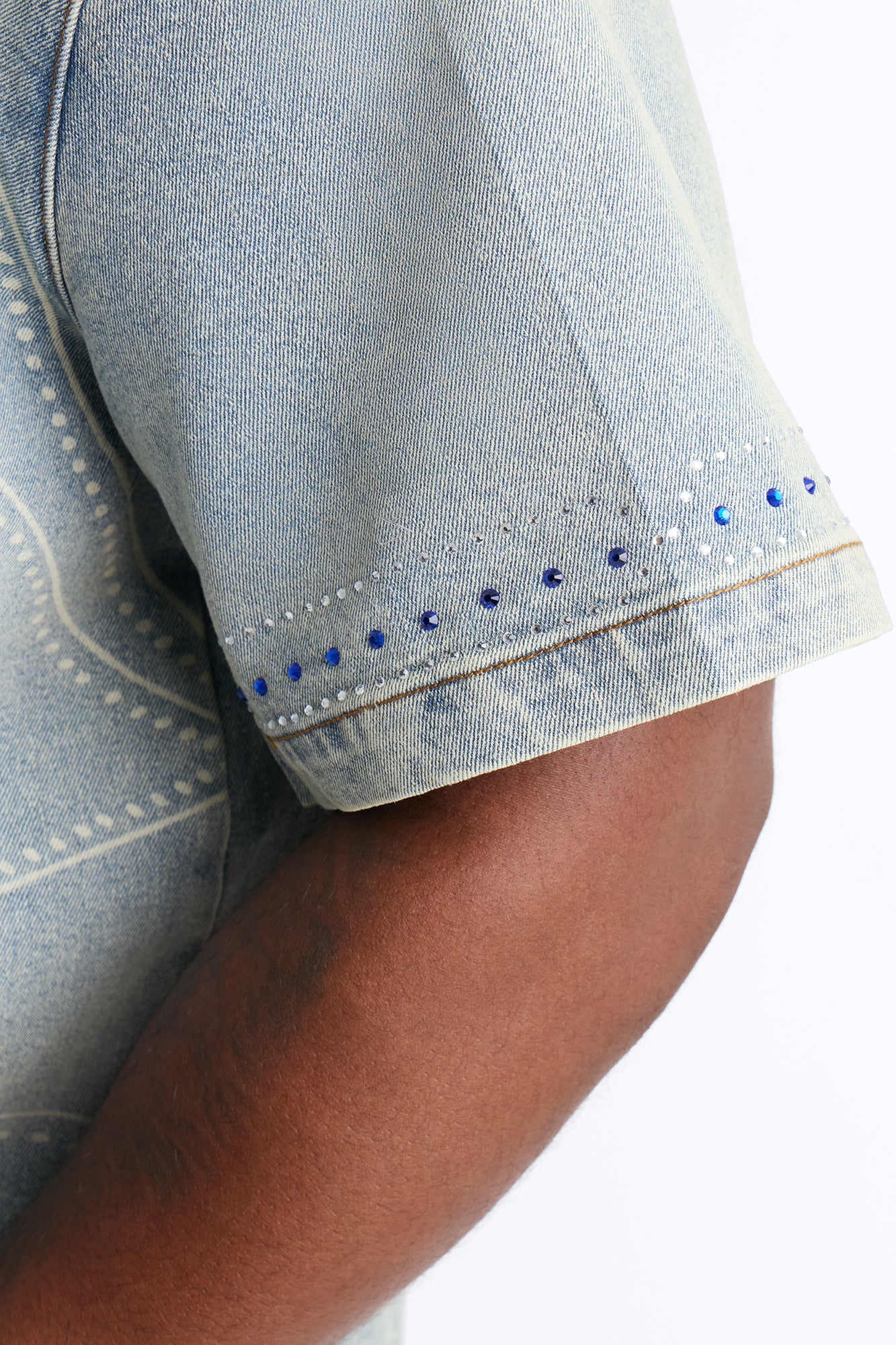 Rhinestone Bandana Boxy Denim Button Up Shirt - Light Blue Wash Fashion Nova