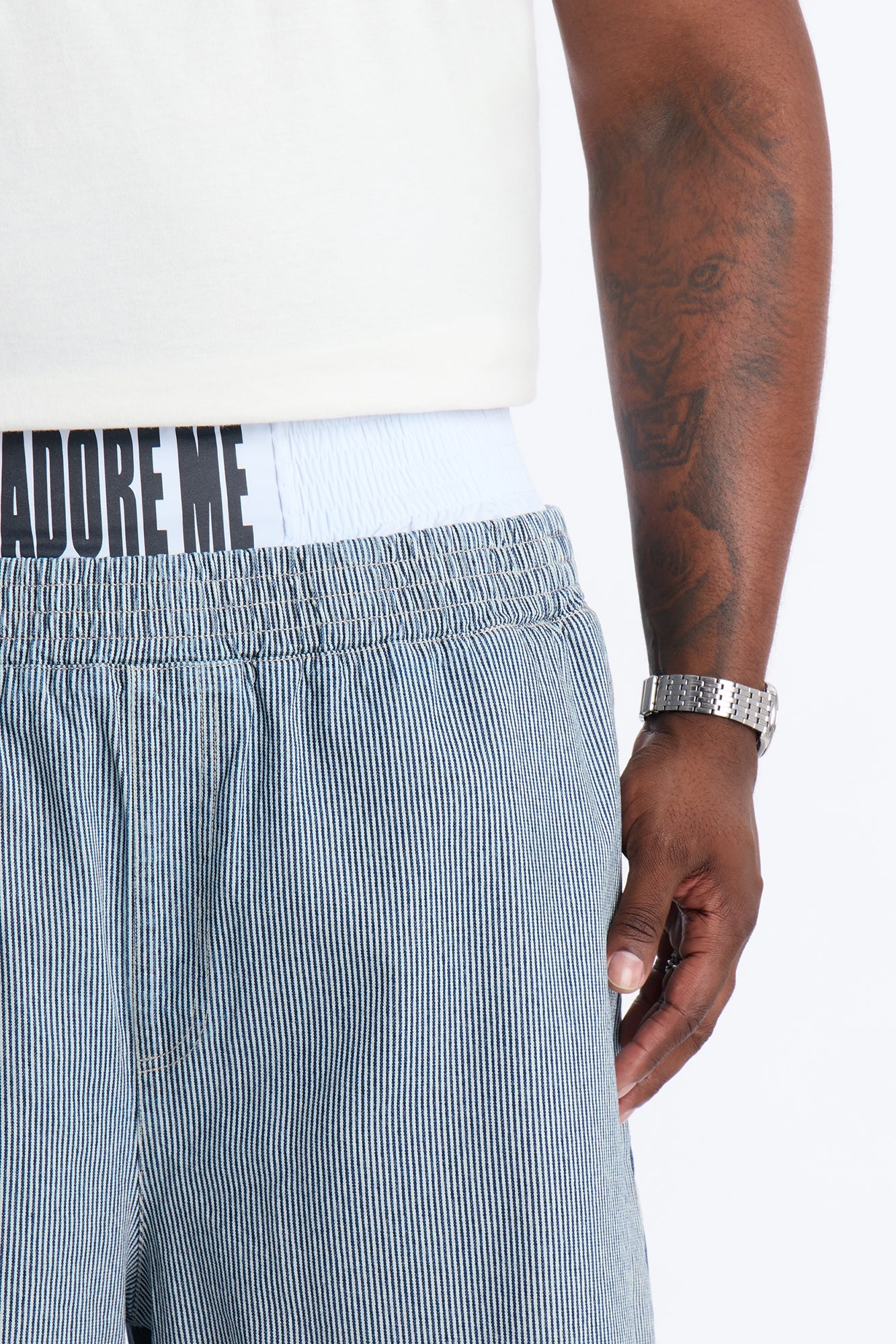 Relaxed Adore Me Double Waistband Pinstripe Short - White/Blue Fashion Nova