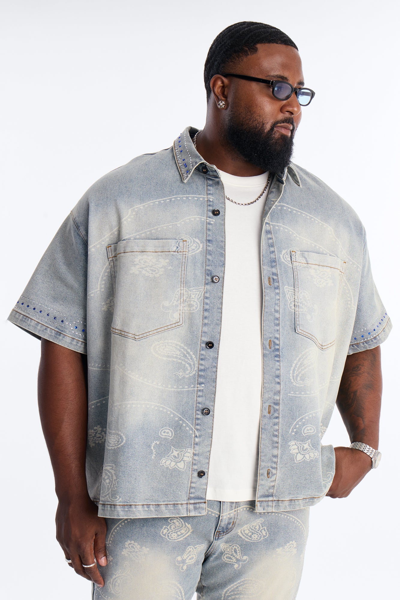 Rhinestone Bandana Boxy Denim Button Up Shirt - Light Blue Wash Fashion Nova