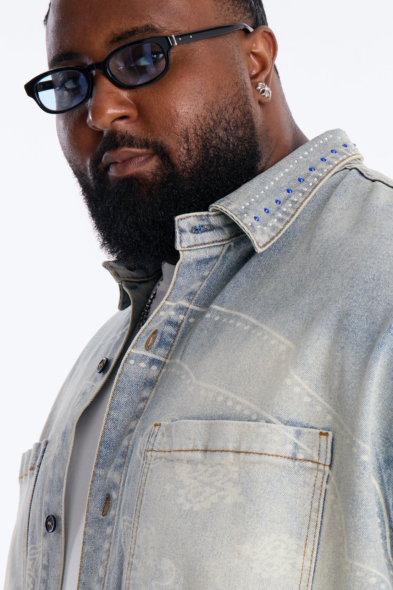 Rhinestone Bandana Boxy Denim Button Up Shirt - Light Blue Wash Fashion Nova