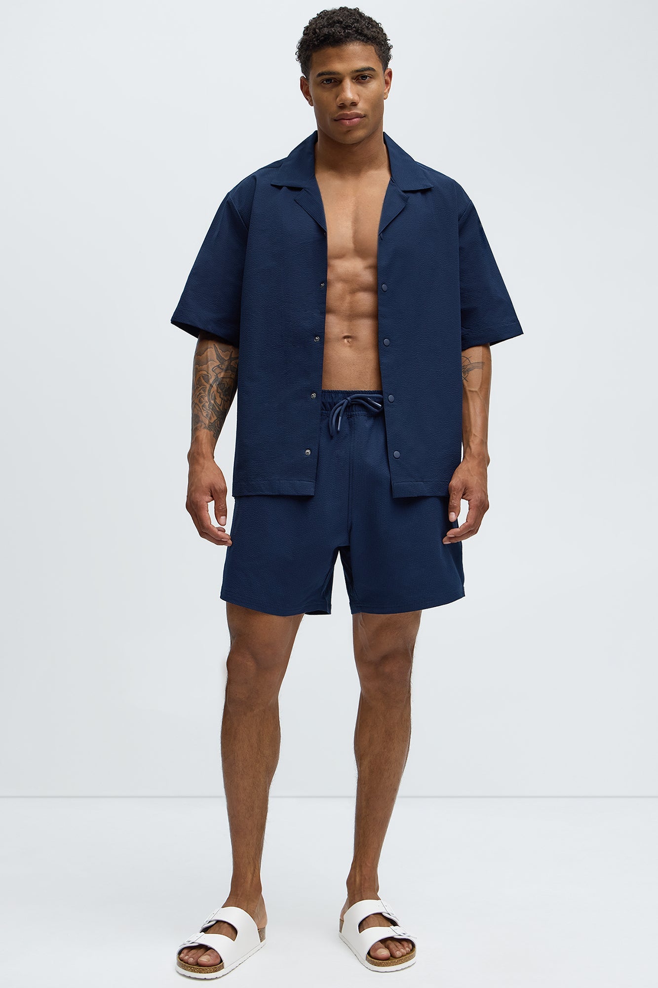 Seersucker Short Sleeve Cuban Collar Shirt - Navy Fashion Nova