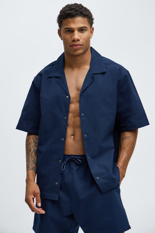 Seersucker Short Sleeve Cuban Collar Shirt - Navy Fashion Nova