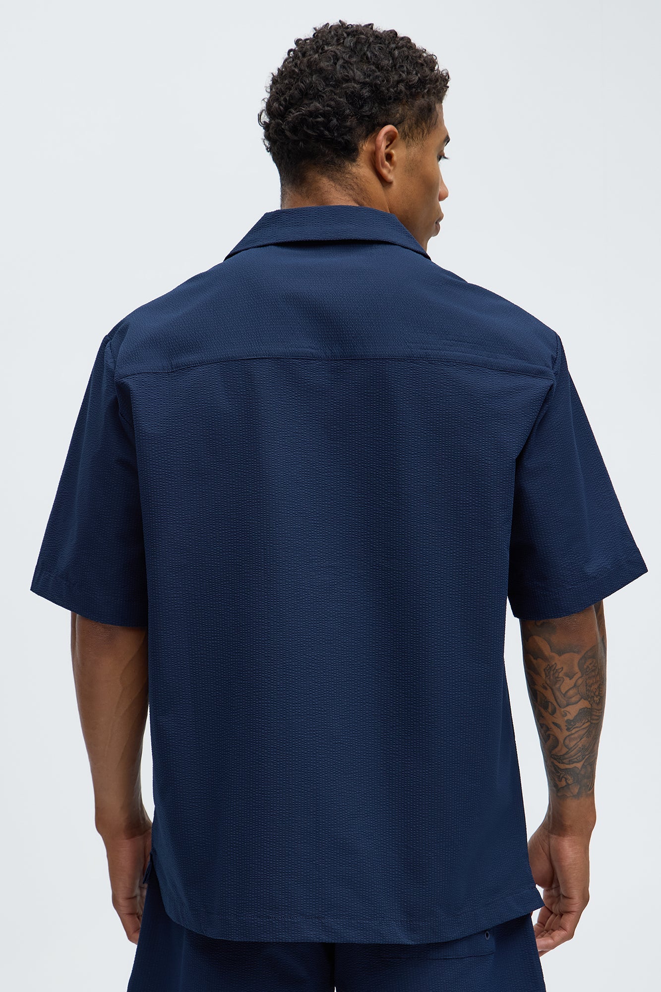 Seersucker Short Sleeve Cuban Collar Shirt - Navy Fashion Nova
