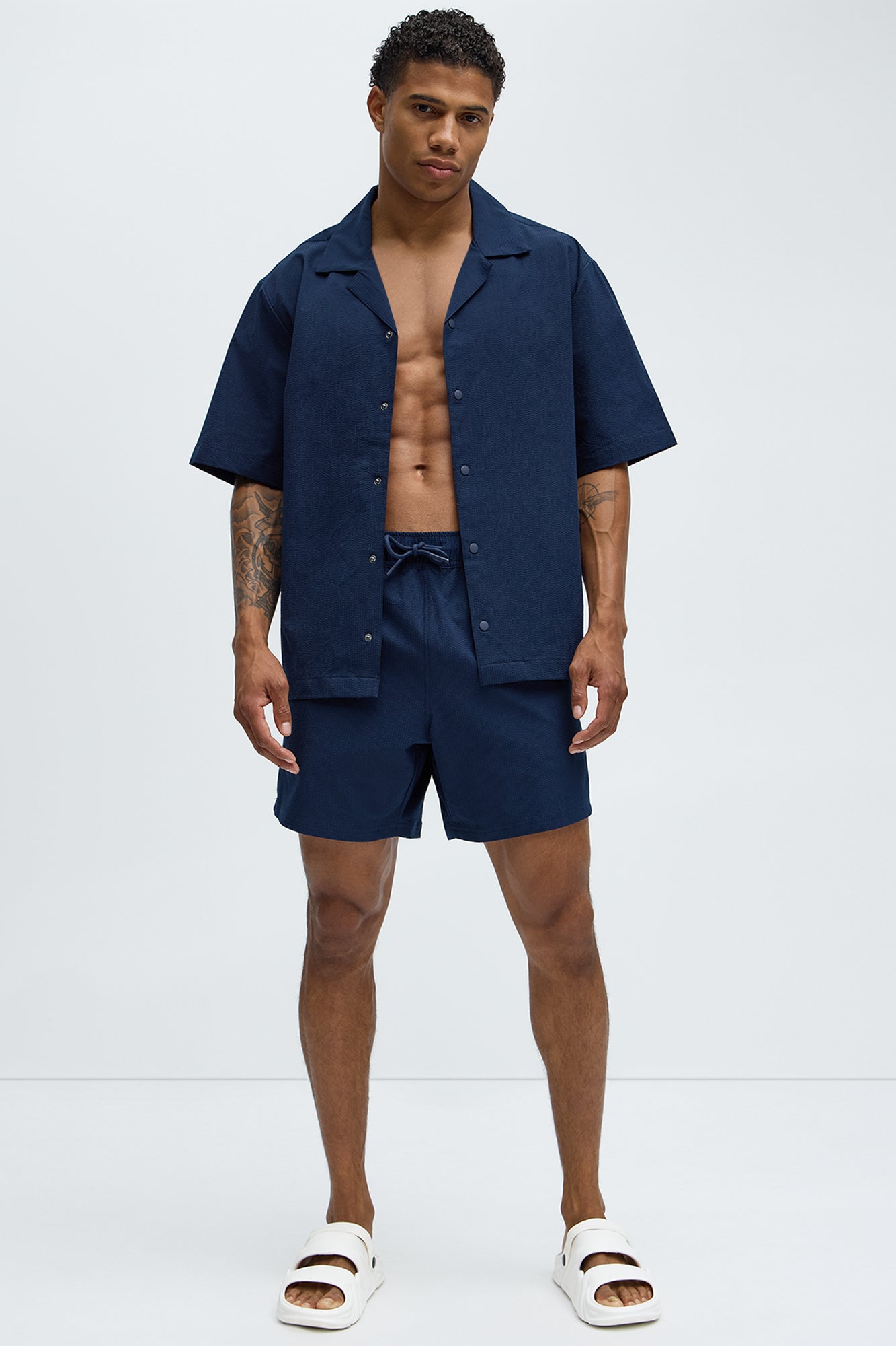 Seersucker Swim Trunk 6″ - Navy Fashion Nova