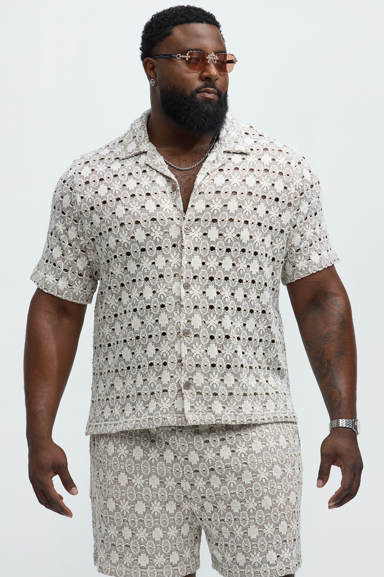 Patterned Open Knit Button Down Shirt - Cream/combo Fashion Nova