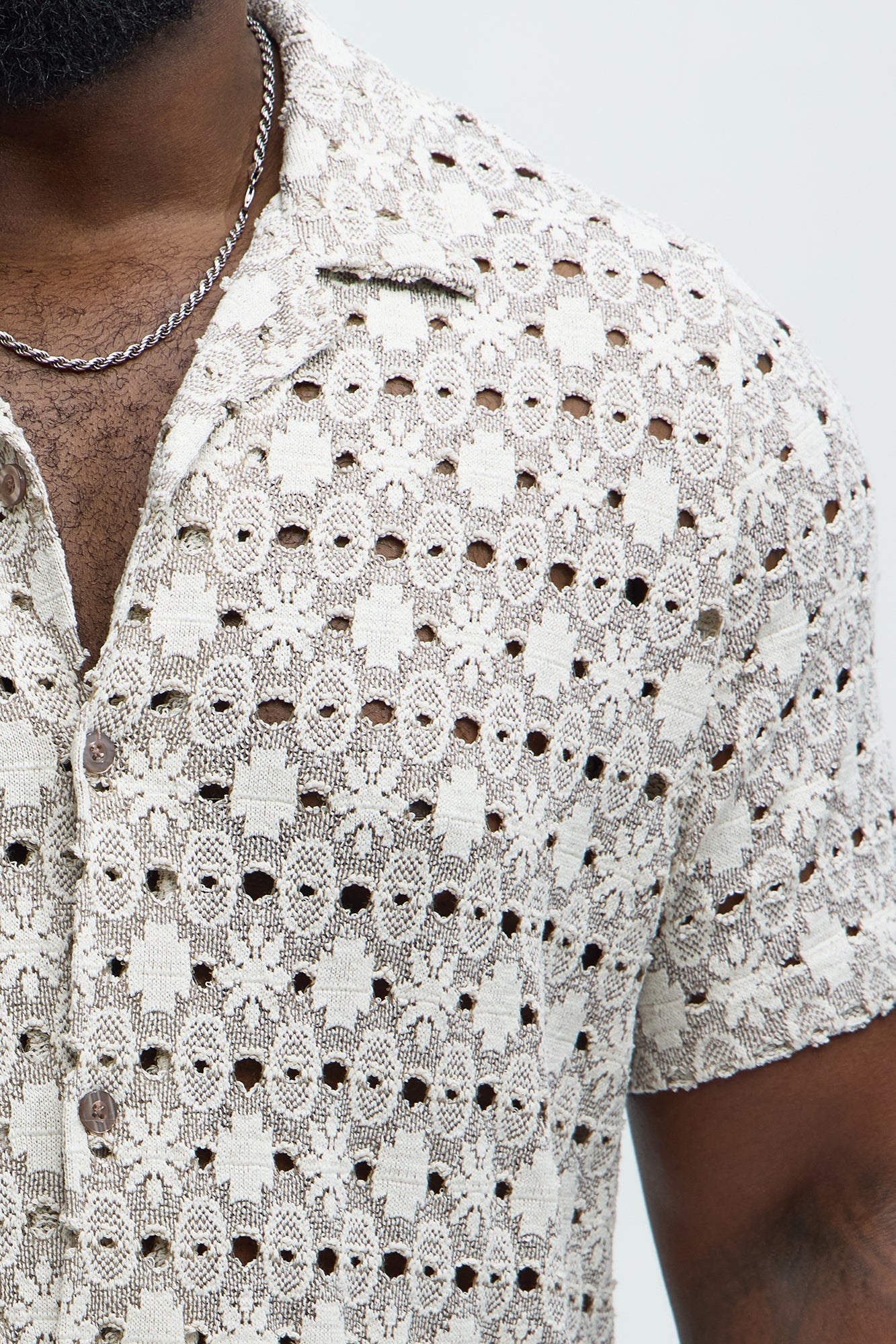 Patterned Open Knit Button Down Shirt - Cream/combo Fashion Nova