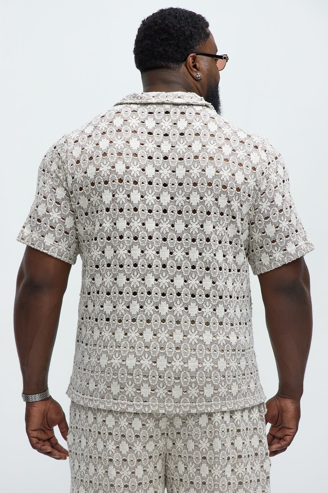 Patterned Open Knit Button Down Shirt - Cream/combo Fashion Nova