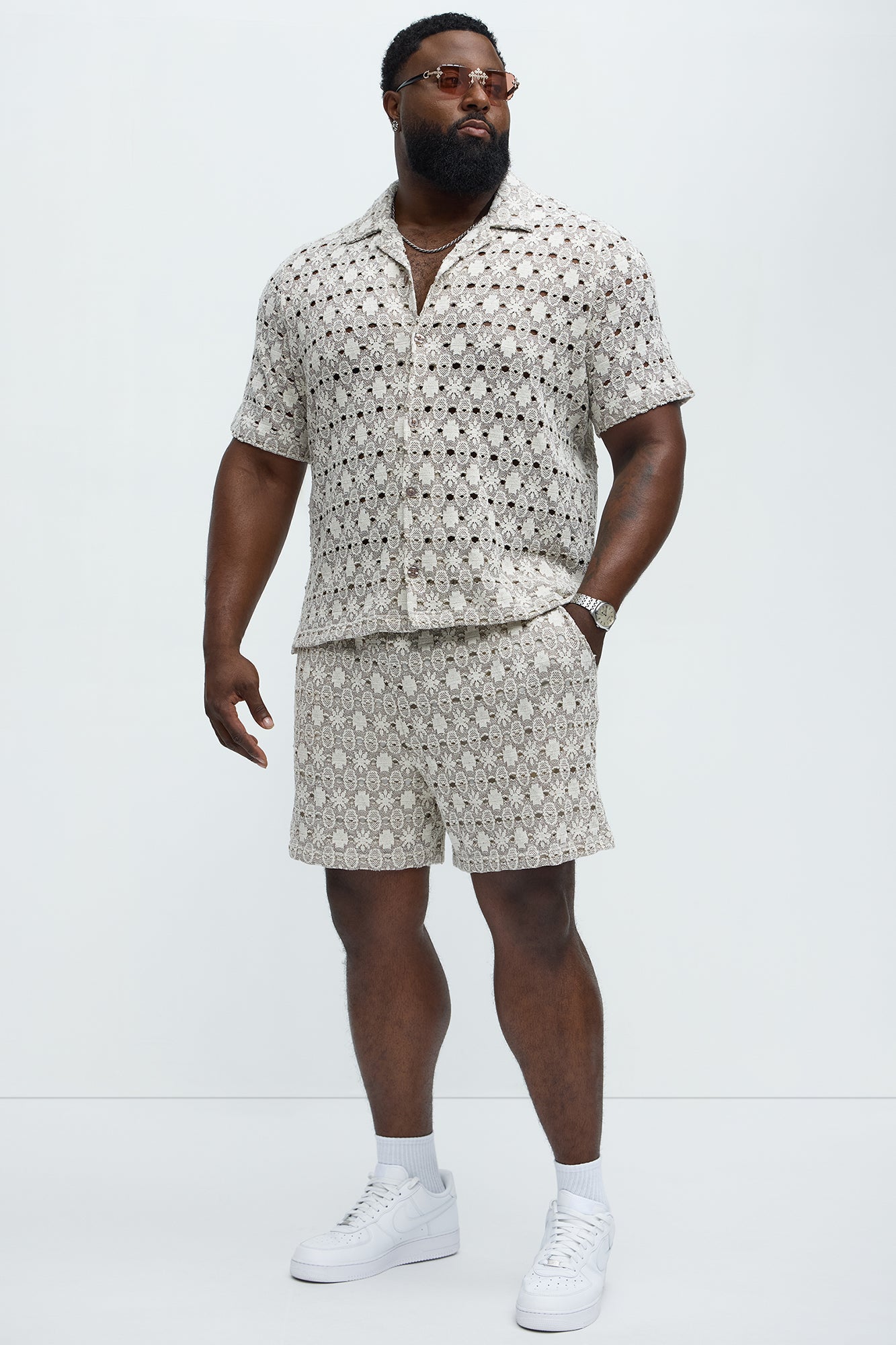 Patterned Open Knit Button Down Shirt - Cream/combo Fashion Nova