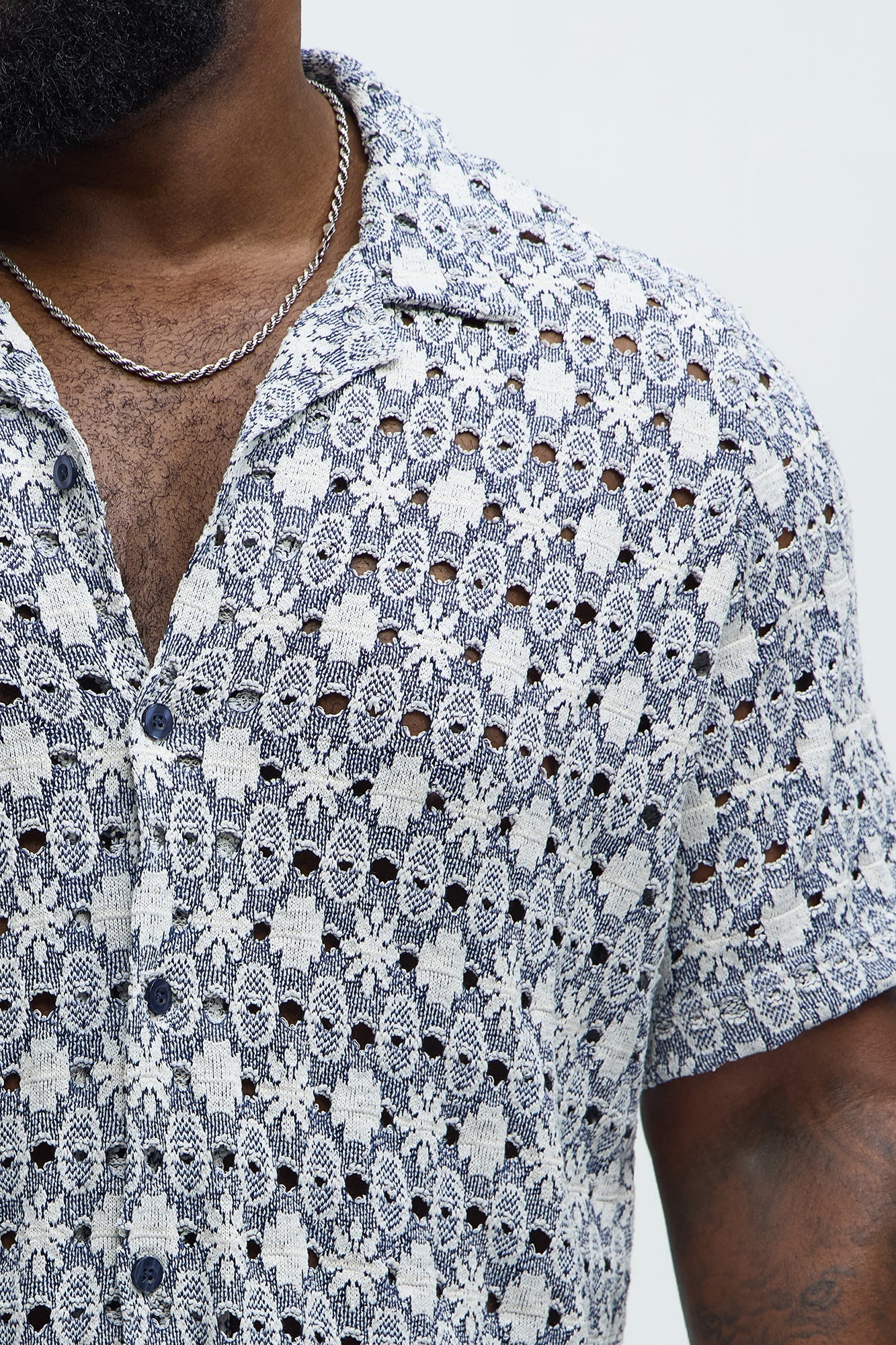 Patterned Open Knit Button Down Shirt - Blue/combo Fashion Nova