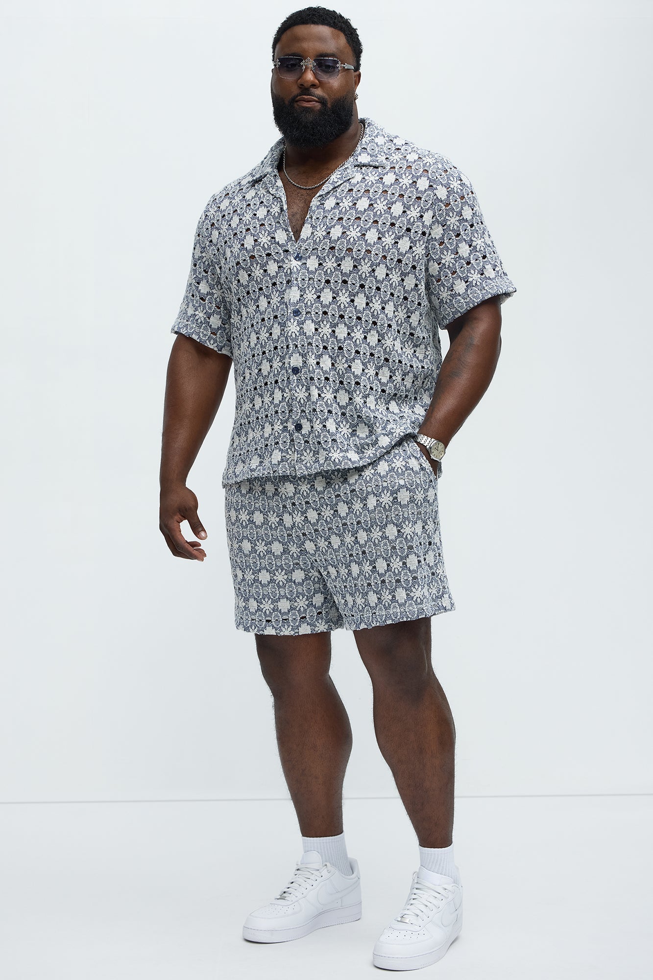Patterned Open Knit Shorts - Blue/combo Fashion Nova