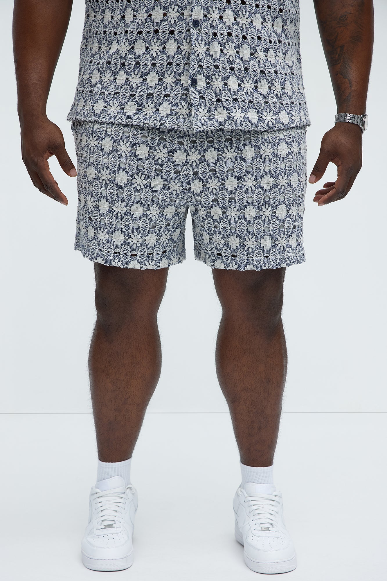 Patterned Open Knit Shorts - Blue/combo Fashion Nova