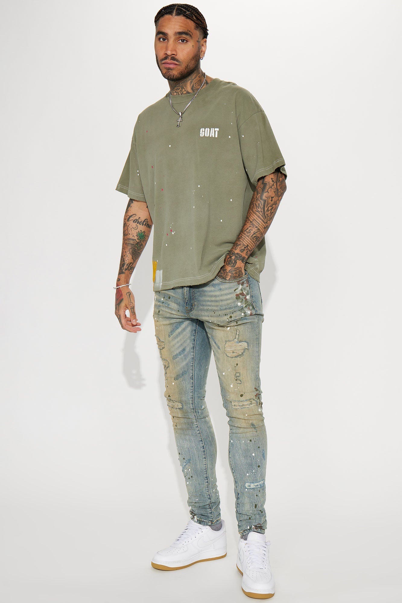 GOAT Paint Splatter Oversized Short Sleeve Tee - Olive Fashion Nova