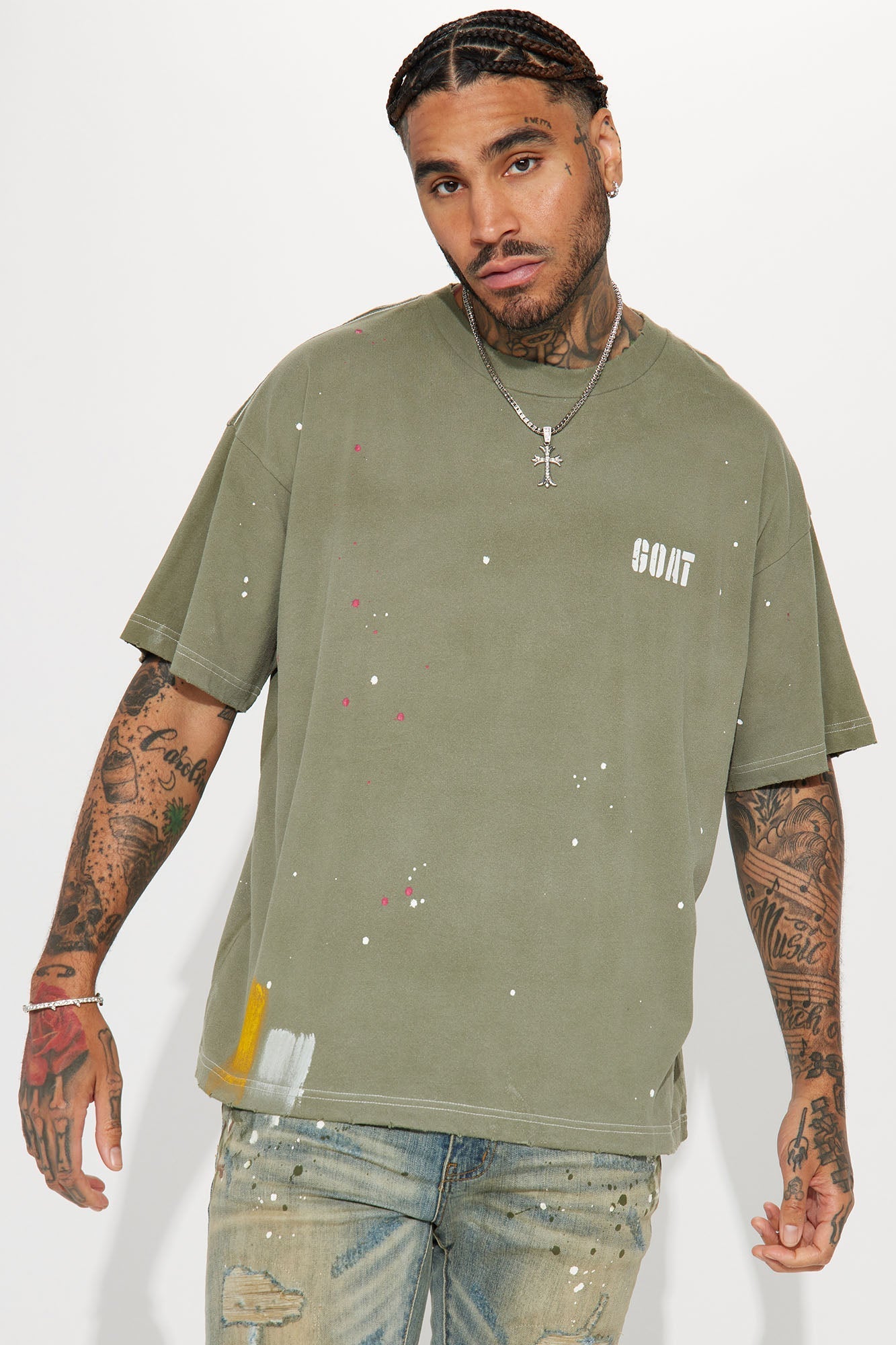 GOAT Paint Splatter Oversized Short Sleeve Tee - Olive Fashion Nova