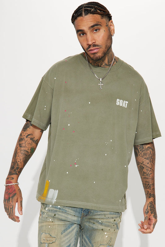 GOAT Paint Splatter Oversized Short Sleeve Tee - Olive Fashion Nova