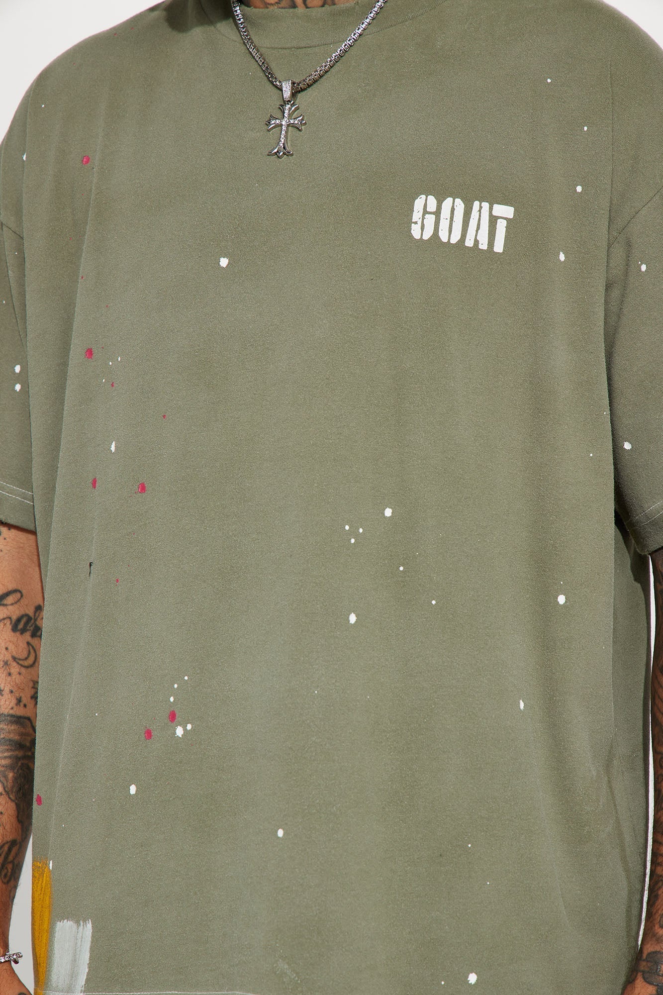 GOAT Paint Splatter Oversized Short Sleeve Tee - Olive Fashion Nova