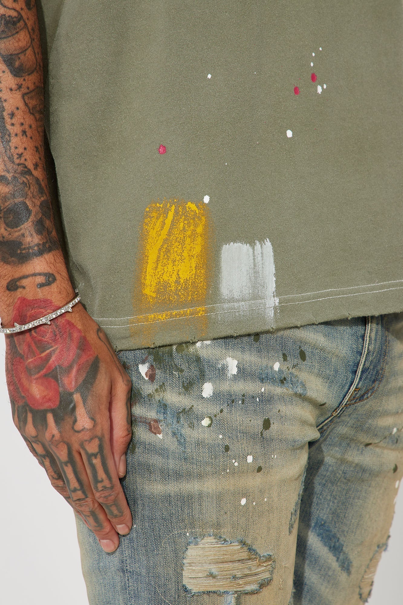 GOAT Paint Splatter Oversized Short Sleeve Tee - Olive Fashion Nova