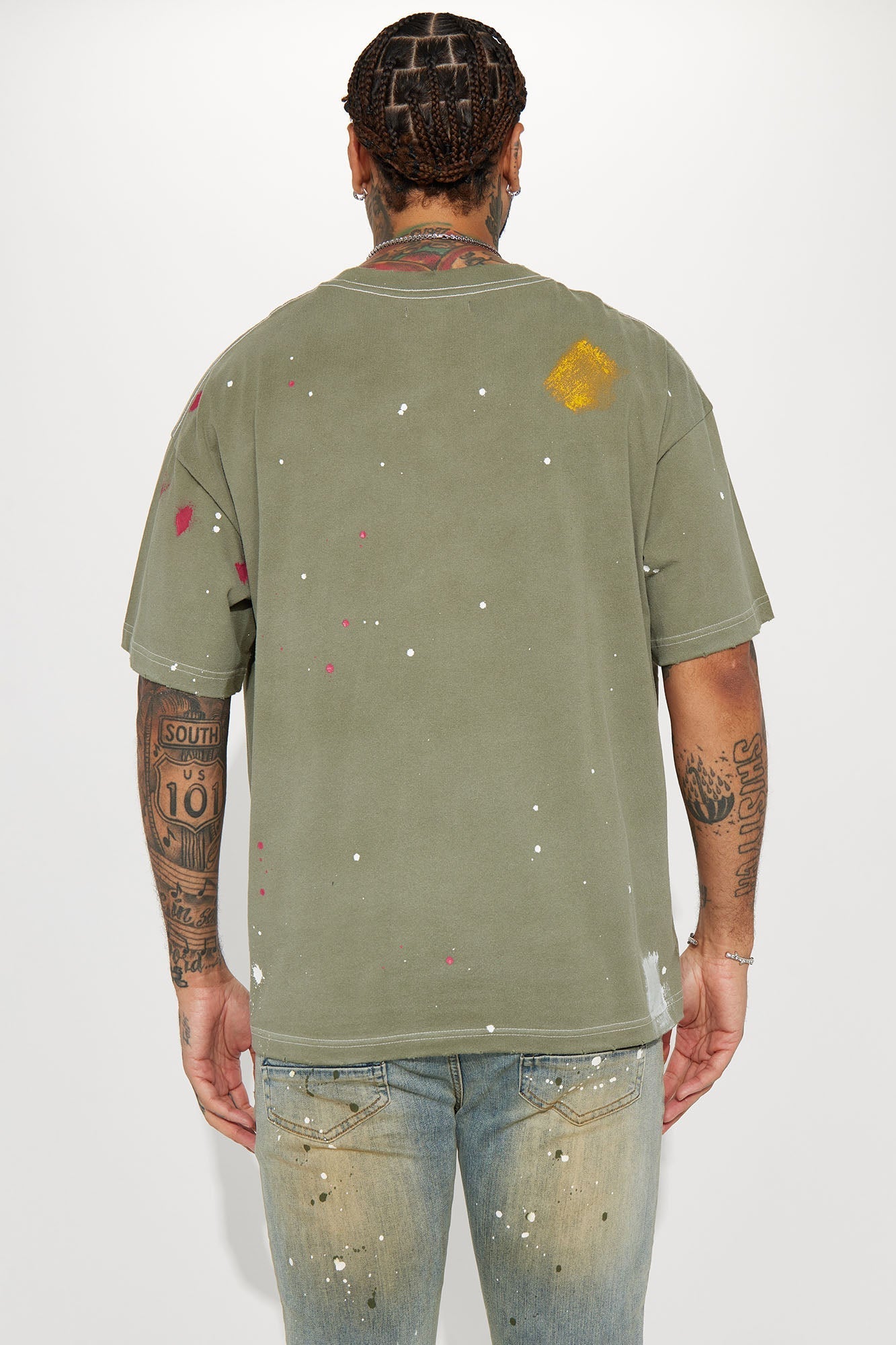 GOAT Paint Splatter Oversized Short Sleeve Tee - Olive Fashion Nova
