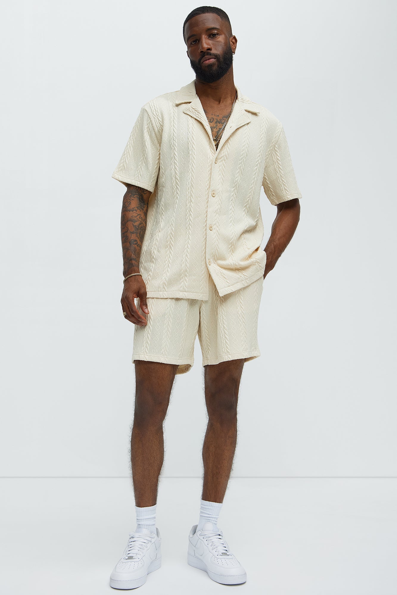 Textured Stripes Cuban Short Sleeve Button Up Shirt - Cream Fashion Nova