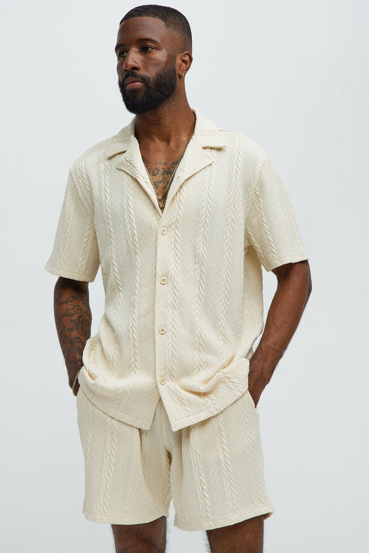 Textured Stripes Cuban Short Sleeve Button Up Shirt - Cream Fashion Nova