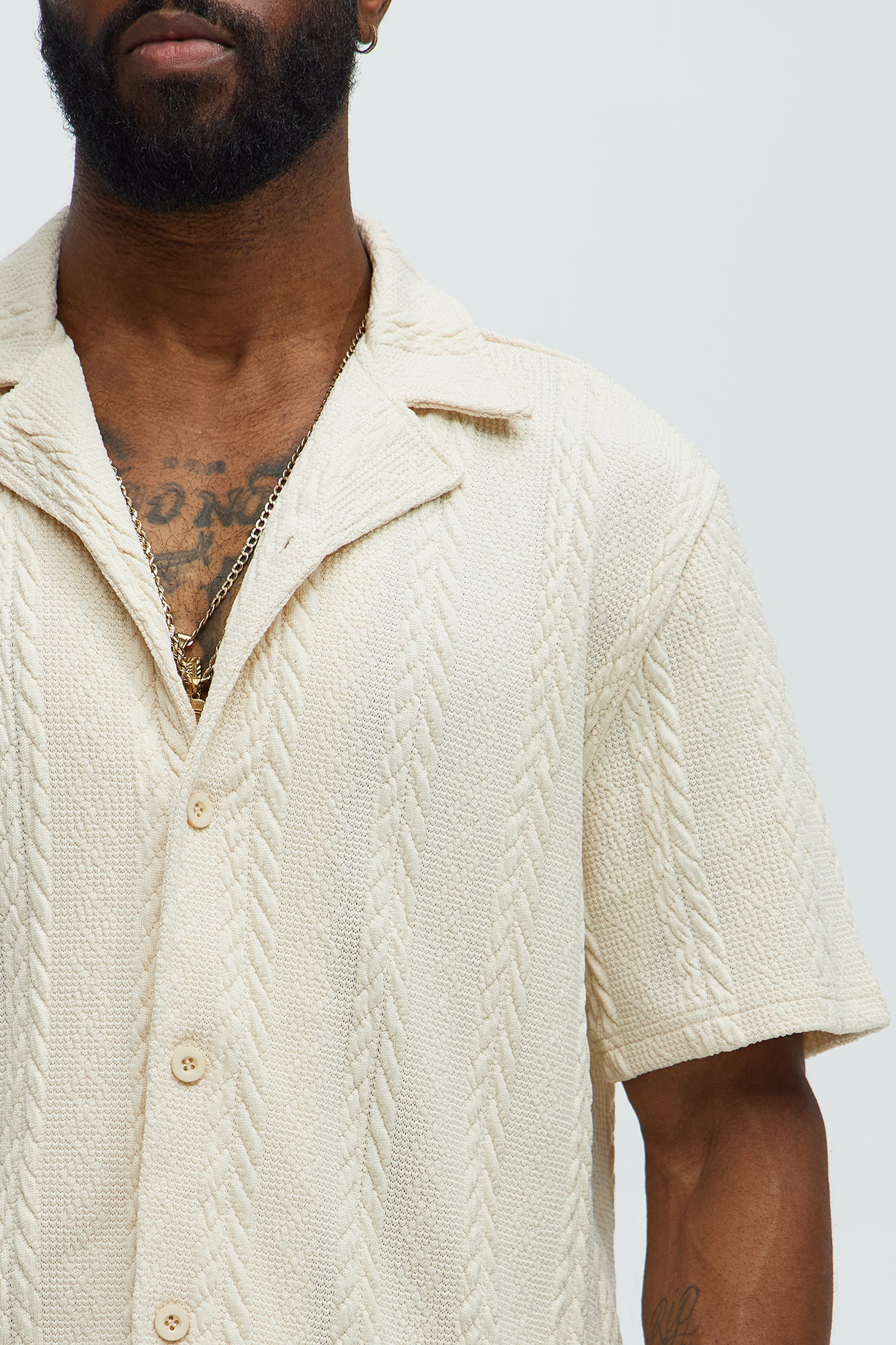 Textured Stripes Cuban Short Sleeve Button Up Shirt - Cream Fashion Nova