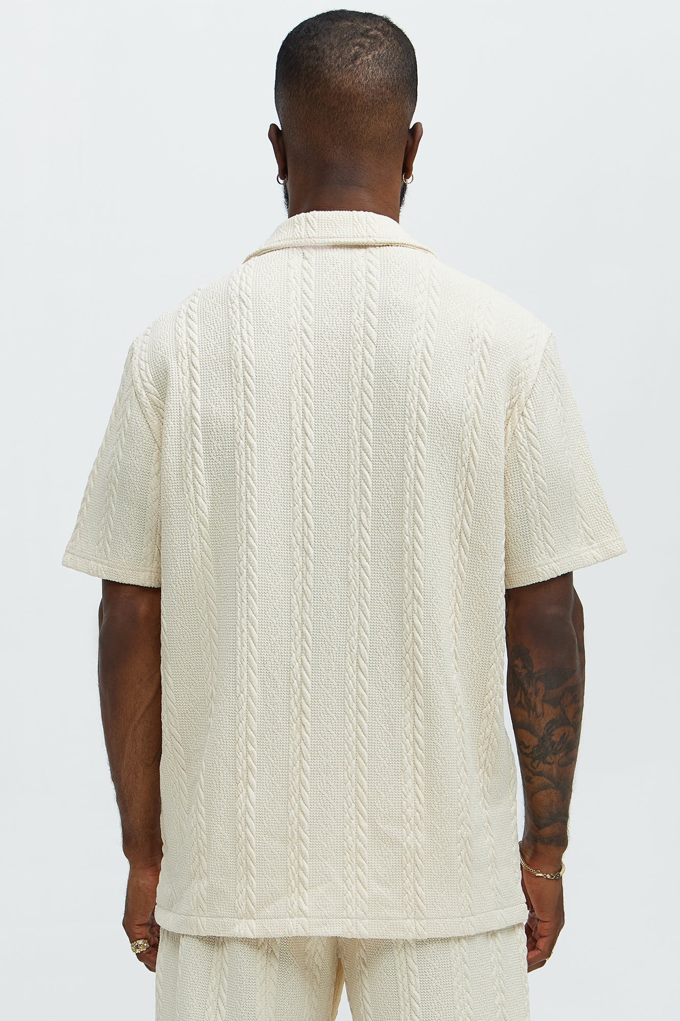 Textured Stripes Cuban Short Sleeve Button Up Shirt - Cream Fashion Nova