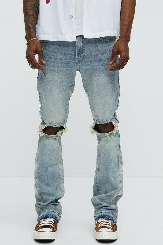 Apex Splotter Ripped Stacked Skinny Flare Jeans - Light Blue Wash Fashion Nova
