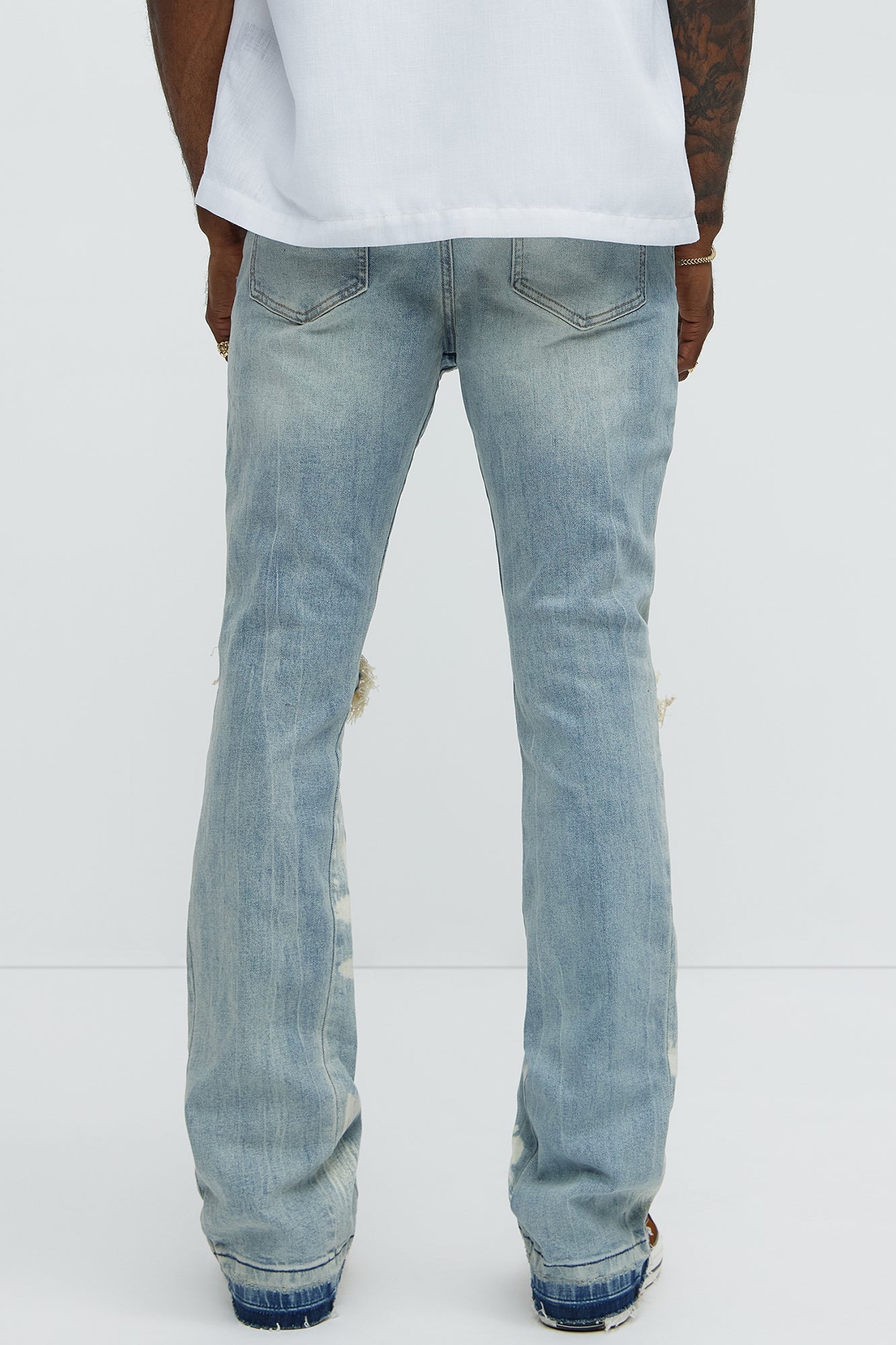 Apex Splotter Ripped Stacked Skinny Flare Jeans - Light Blue Wash Fashion Nova
