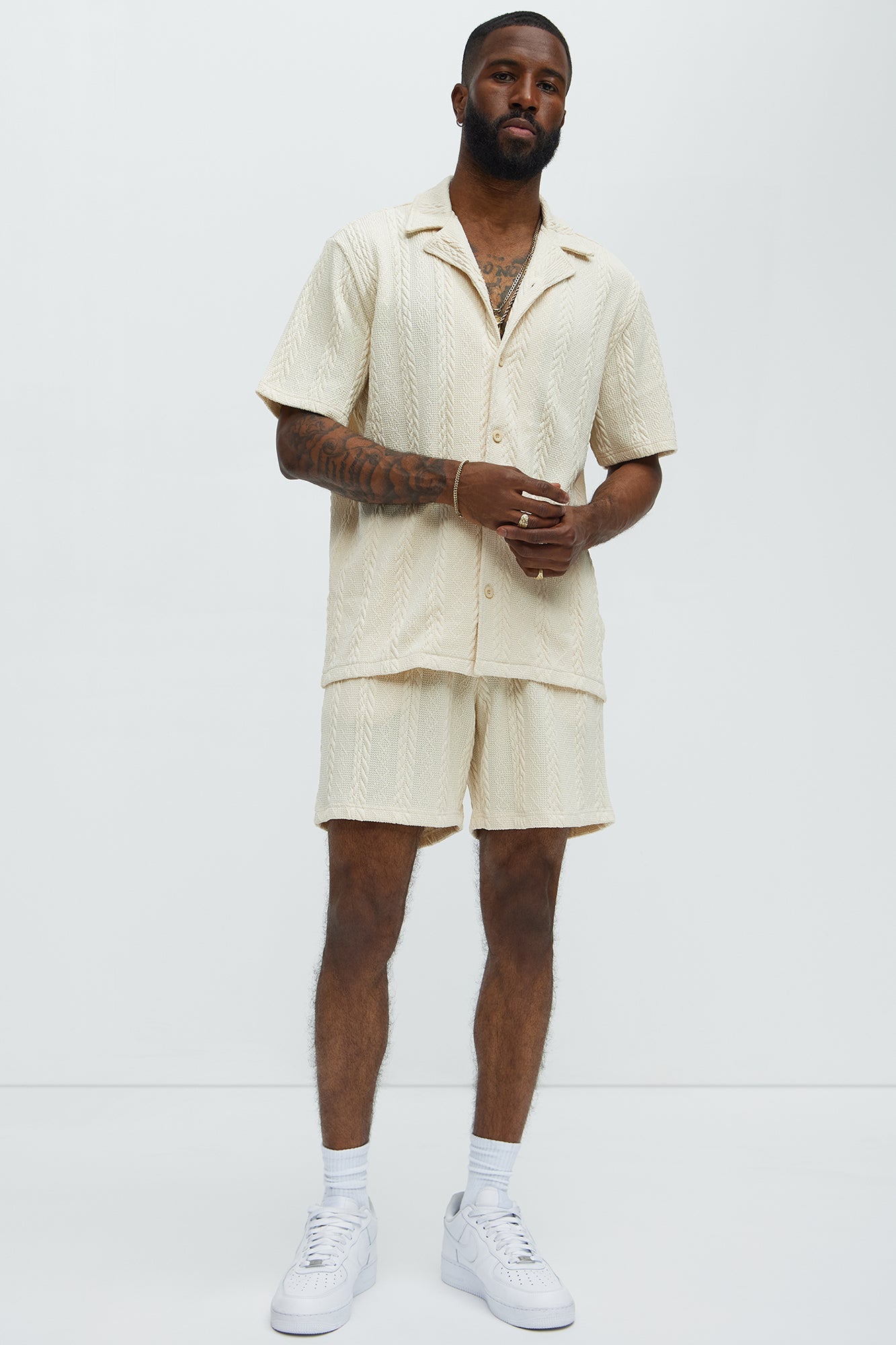 Textured Stripes Relaxed Drawstring Shorts - Cream Fashion Nova