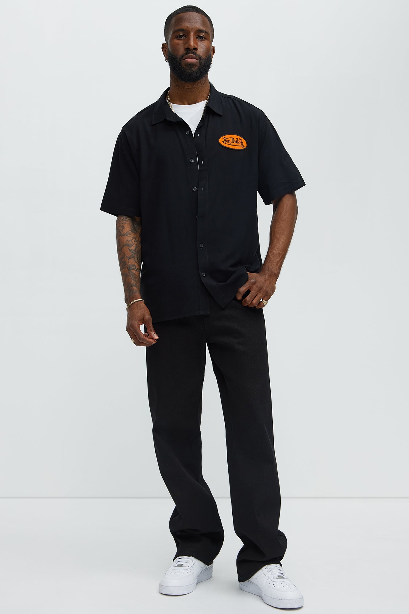 Von Dutch Front And Back Graphic Short Sleeve Button Up Shirt - Black Fashion Nova
