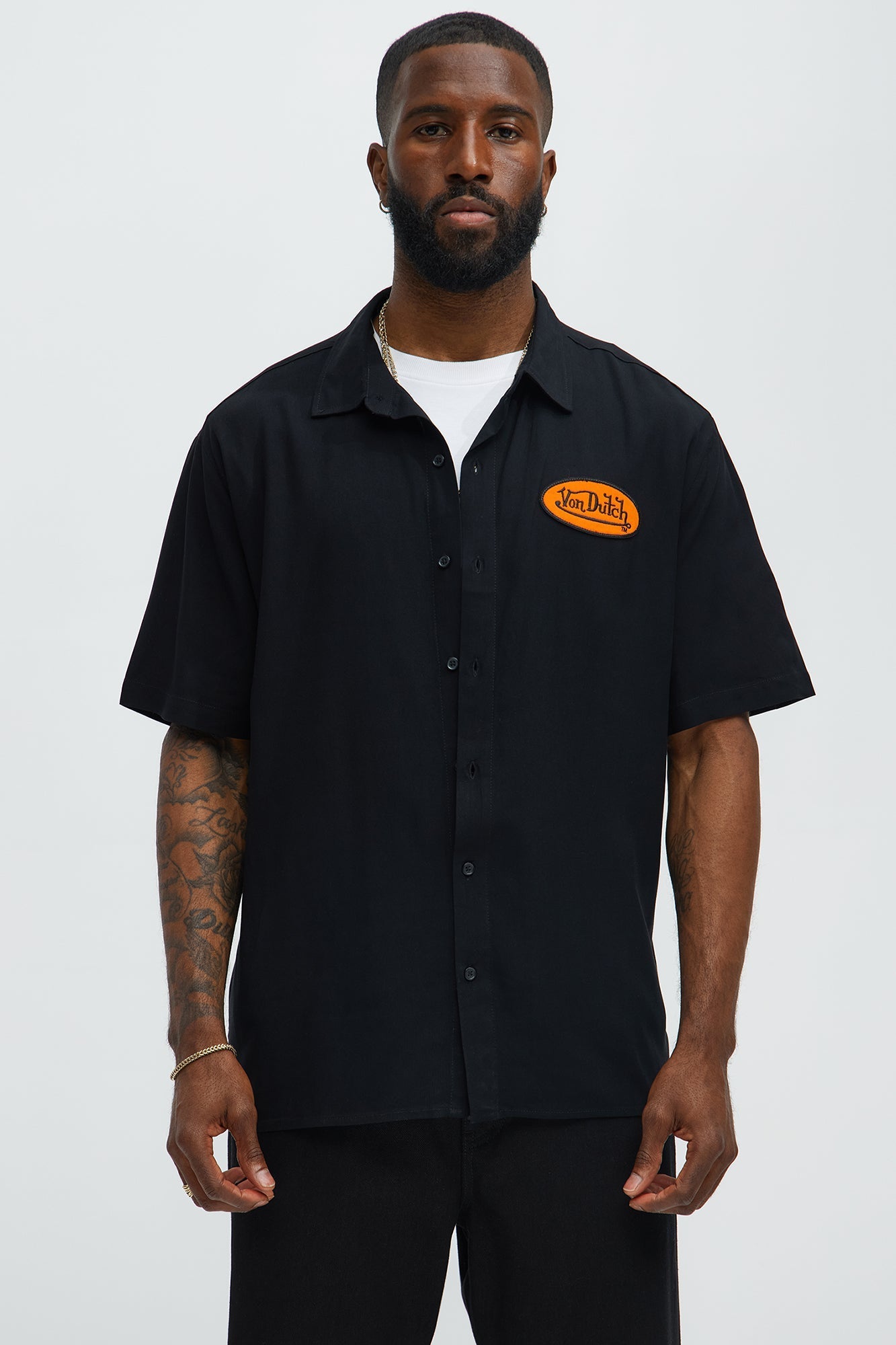 Von Dutch Front And Back Graphic Short Sleeve Button Up Shirt - Black Fashion Nova