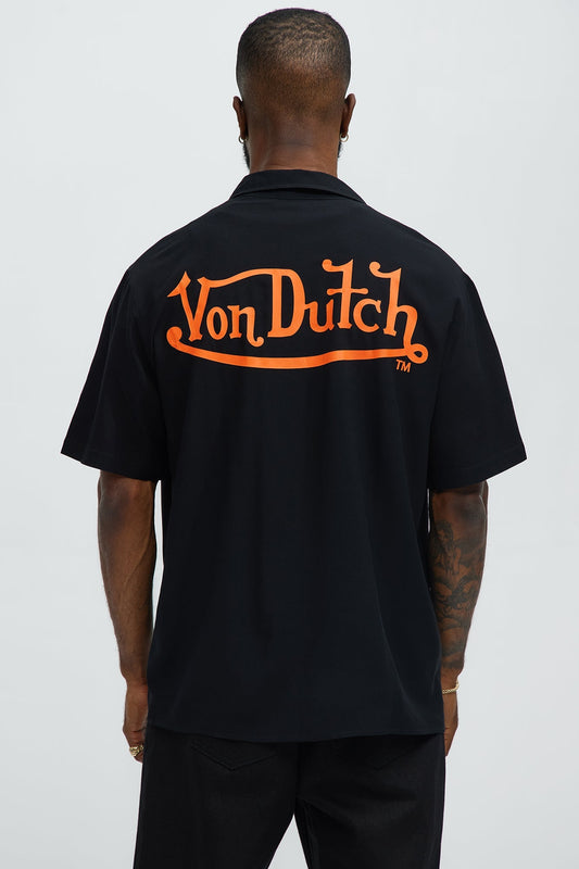 Von Dutch Front And Back Graphic Short Sleeve Button Up Shirt - Black Fashion Nova