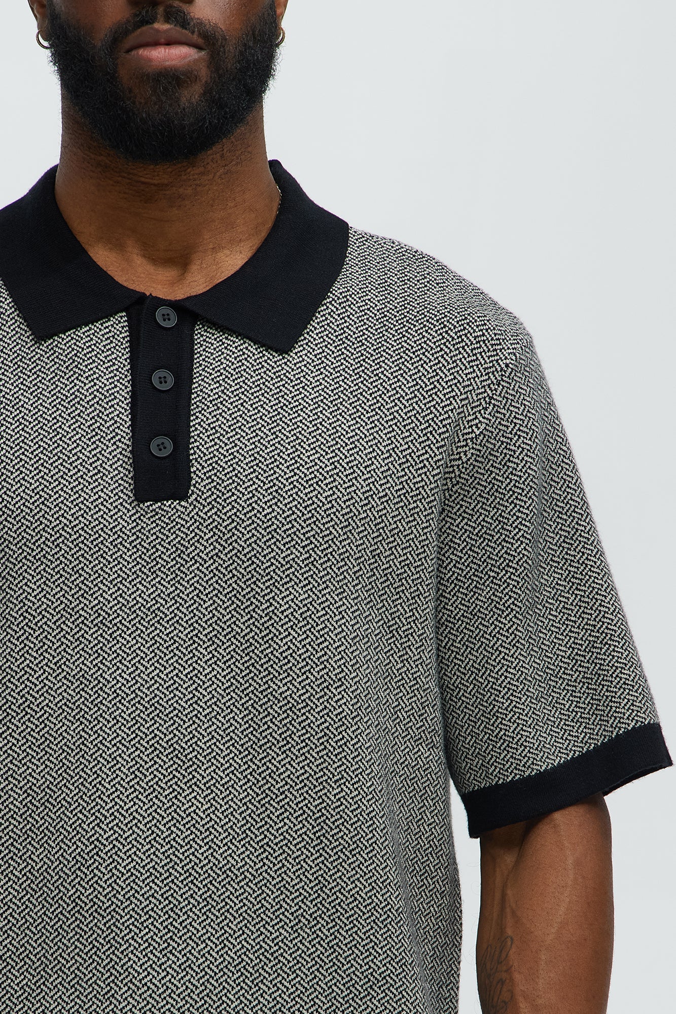 Harry Herringbone Button Down Sweater Polo - Black/combo Fashion Nova