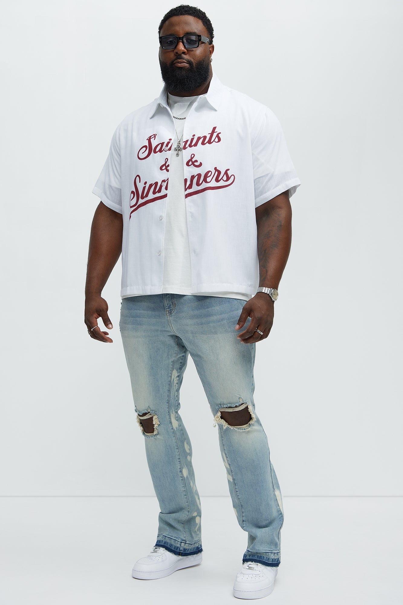 Apex Splotter Ripped Stacked Skinny Flare Jeans - Light Blue Wash Fashion Nova