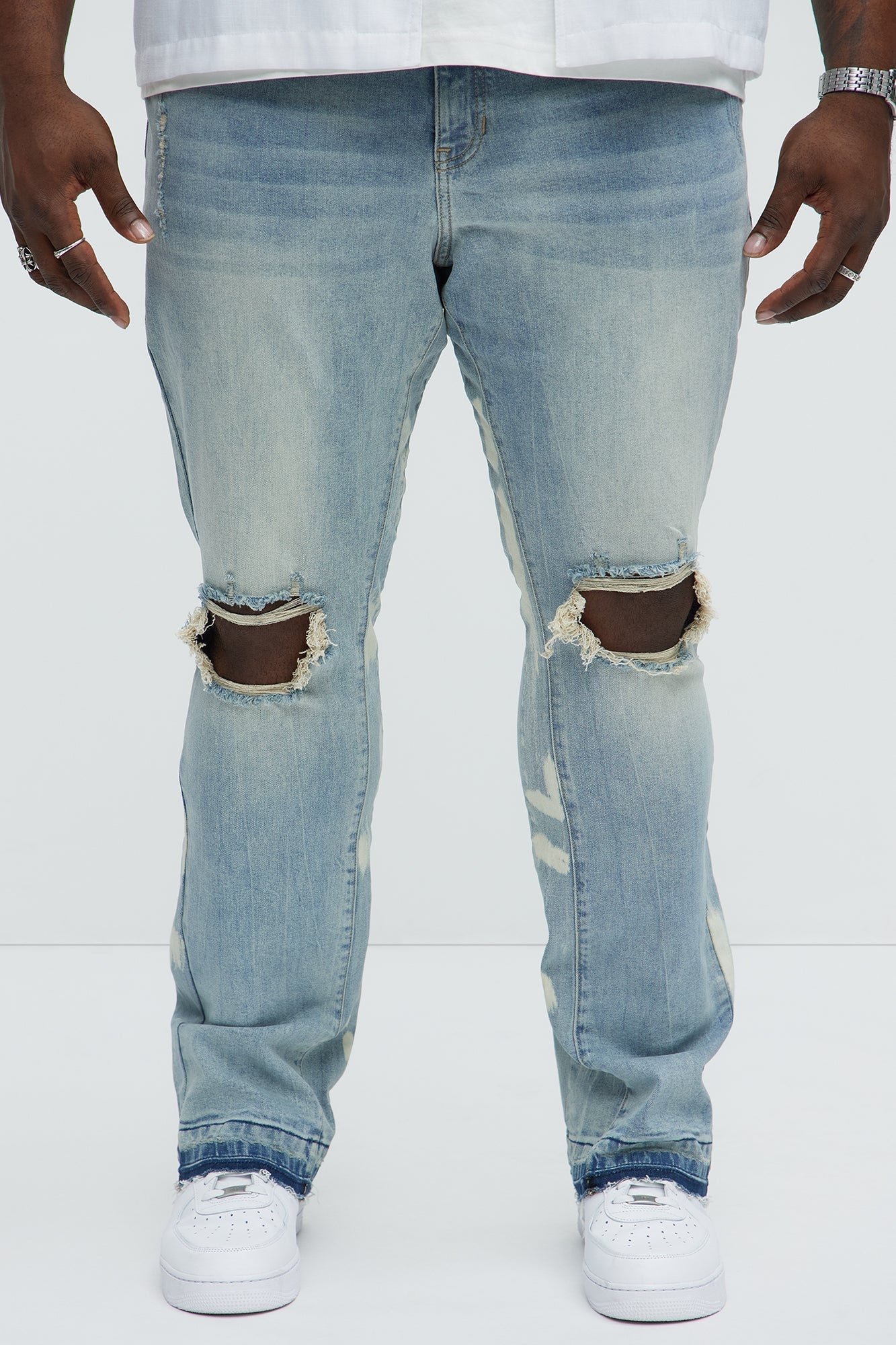 Apex Splotter Ripped Stacked Skinny Flare Jeans - Light Blue Wash Fashion Nova