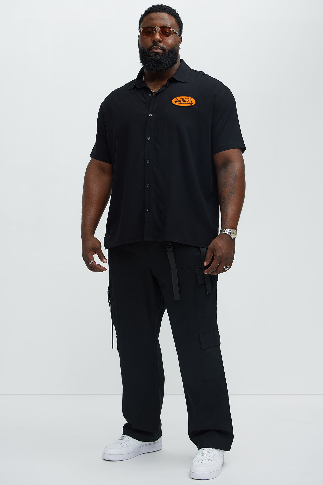Von Dutch Front And Back Graphic Short Sleeve Button Up Shirt - Black Fashion Nova
