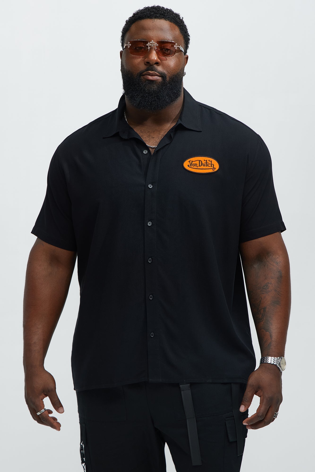 Von Dutch Front And Back Graphic Short Sleeve Button Up Shirt - Black Fashion Nova