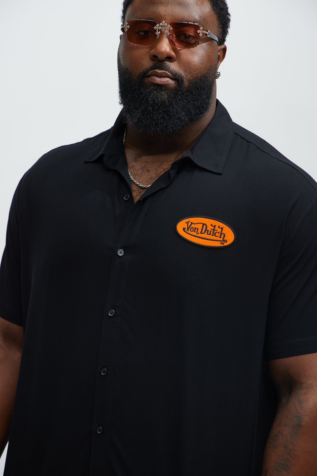 Von Dutch Front And Back Graphic Short Sleeve Button Up Shirt - Black Fashion Nova